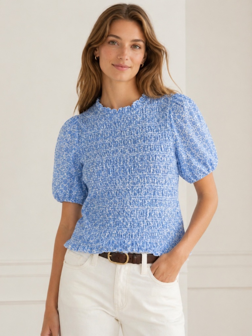 J. Crew Light Blue Smocked Blouse Liberty Fabric Small